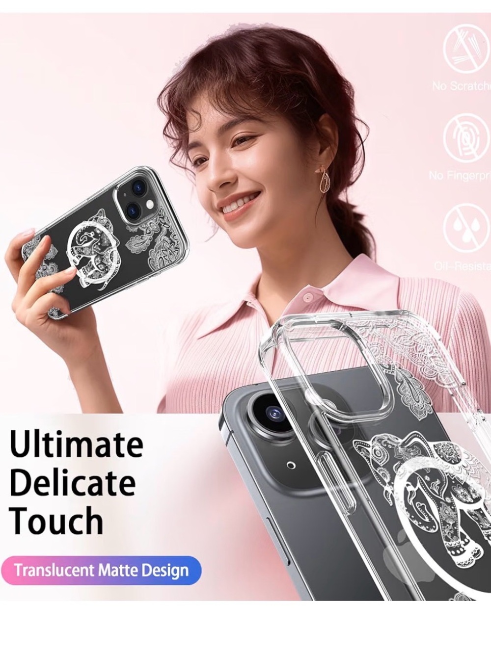 🪭Clear Elephant Floral Phone Case for iPhone 15 & Screen protector